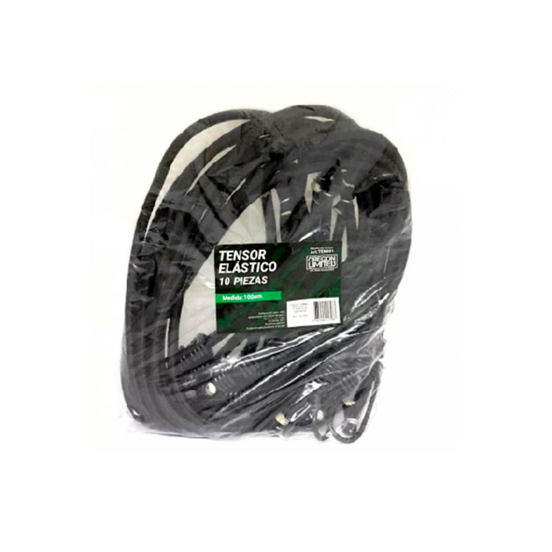 Imagen ilustrativa de bolsa de 10 unidades de tensores negros de 1 metro de largo x 1 cm de ancho REFORZADOS