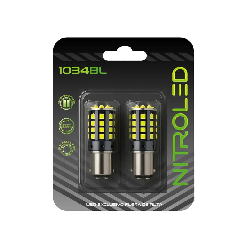 Imagen ilustrativa de BLISTER 1034 2 POLOS PATA DESPAREJA BAY15D 12-80V  CANBUS 2800 LUMENS BLANCA